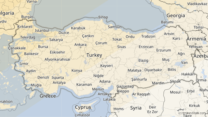 A map of Türkei, showing the path of the 20. Mär 2015 Totale Sonnenfinsternis