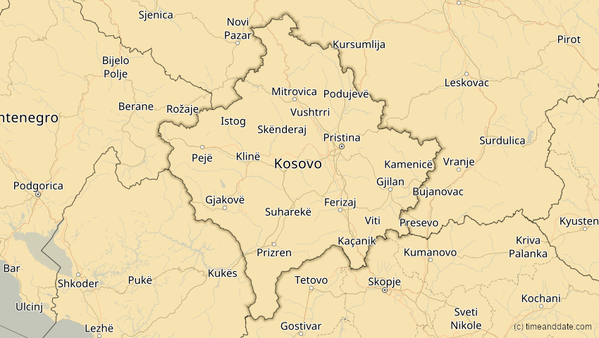 A map of Kosovo, showing the path of the 20. Mär 2015 Totale Sonnenfinsternis