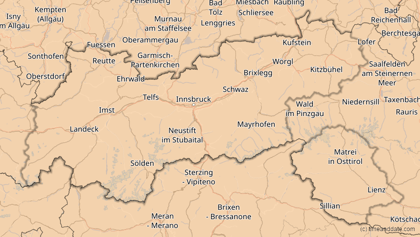 A map of Tirol, Österreich, showing the path of the 20. Mär 2015 Totale Sonnenfinsternis