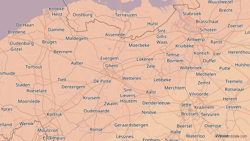A map of Ostflandern, Belgien, showing the path of the 20. Mär 2015 Totale Sonnenfinsternis