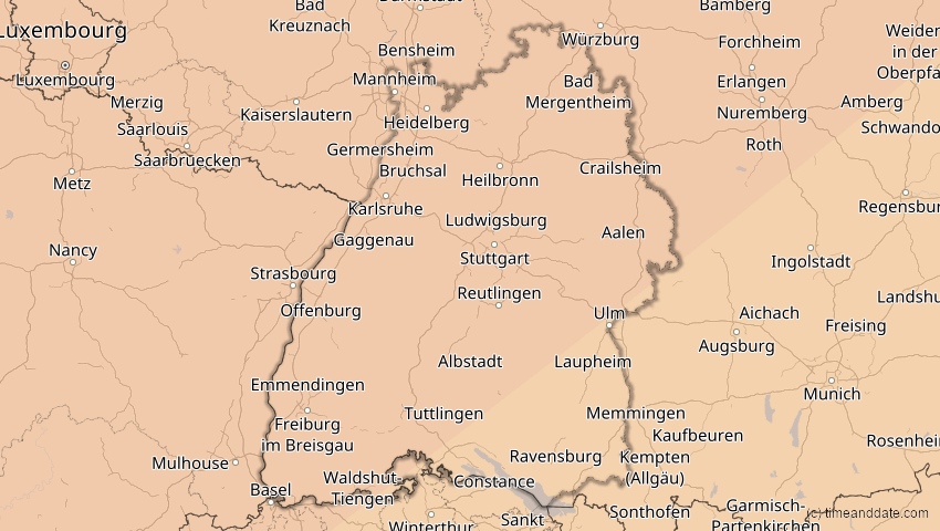 A map of Baden-Württemberg, Deutschland, showing the path of the 20. Mär 2015 Totale Sonnenfinsternis