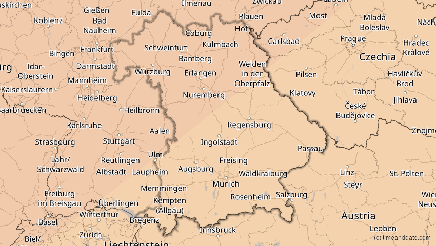 A map of Bayern, Deutschland, showing the path of the 20. Mär 2015 Totale Sonnenfinsternis