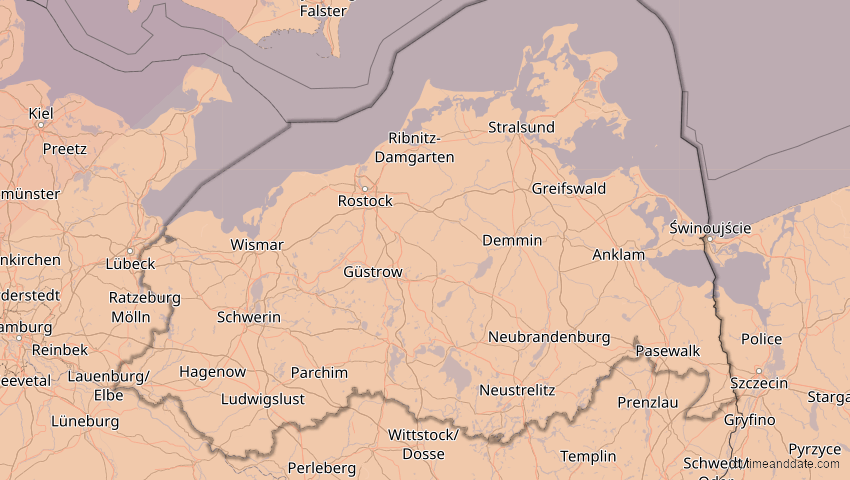 A map of Mecklenburg-Vorpommern, Deutschland, showing the path of the 20. Mär 2015 Totale Sonnenfinsternis