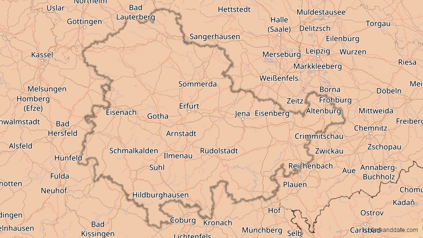 A map of Thüringen, Deutschland, showing the path of the 20. Mär 2015 Totale Sonnenfinsternis