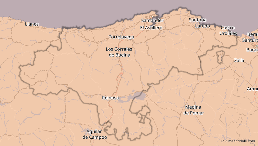 A map of Kantabrien, Spanien, showing the path of the 20. Mär 2015 Totale Sonnenfinsternis