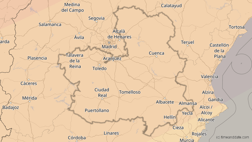 A map of Kastilien-La Mancha, Spanien, showing the path of the 20. Mär 2015 Totale Sonnenfinsternis