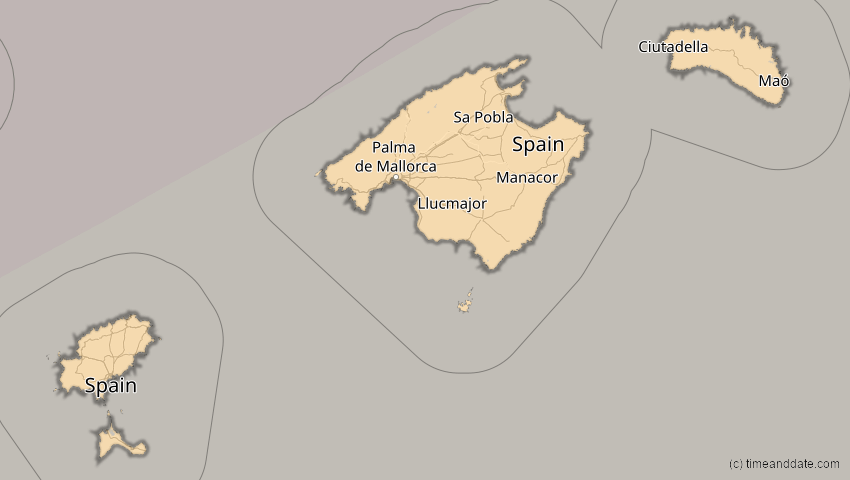 A map of Balearische Inseln, Spanien, showing the path of the 20. Mär 2015 Totale Sonnenfinsternis