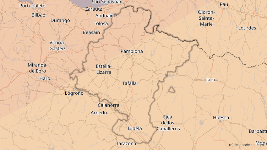 A map of Navarra, Spanien, showing the path of the 20. Mär 2015 Totale Sonnenfinsternis