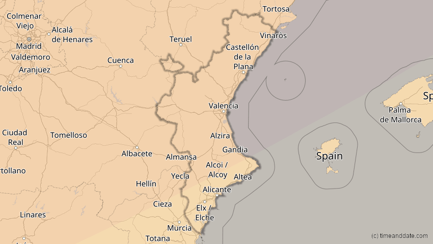 A map of Valencia, Spanien, showing the path of the 20. Mär 2015 Totale Sonnenfinsternis