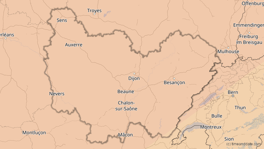 A map of Bourgogne-Franche-Comté, Frankreich, showing the path of the 20. Mär 2015 Totale Sonnenfinsternis