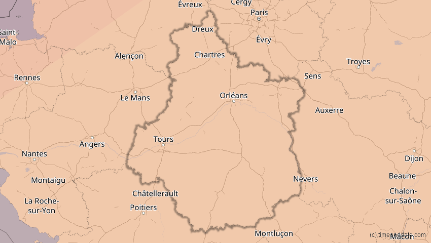 A map of Centre-Val de Loire, Frankreich, showing the path of the 20. Mär 2015 Totale Sonnenfinsternis