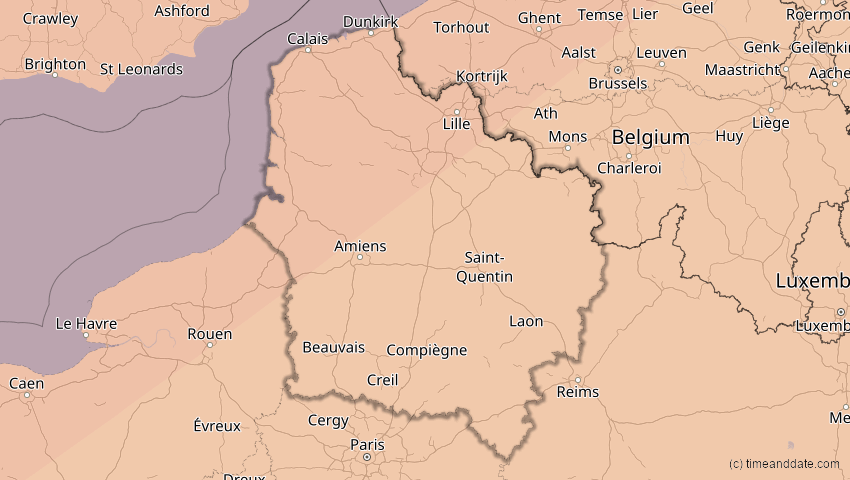 A map of Hauts-de-France, Frankreich, showing the path of the 20. Mär 2015 Totale Sonnenfinsternis