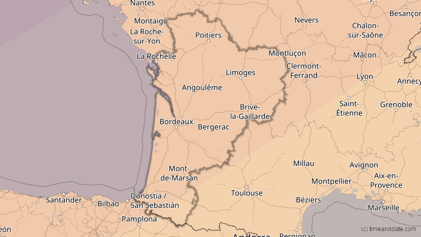 A map of Nouvelle-Aquitaine, Frankreich, showing the path of the 20. Mär 2015 Totale Sonnenfinsternis