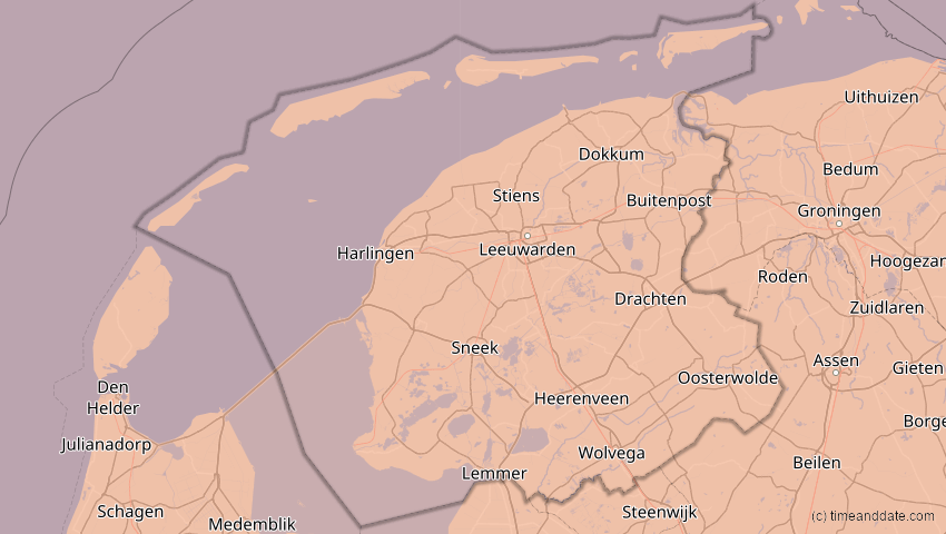 A map of Friesland, Niederlande, showing the path of the 20. Mär 2015 Totale Sonnenfinsternis