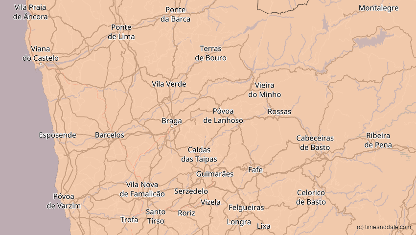 A map of Braga, Portugal, showing the path of the 20. Mär 2015 Totale Sonnenfinsternis