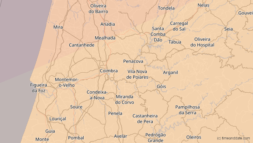A map of Coimbra, Portugal, showing the path of the 20. Mär 2015 Totale Sonnenfinsternis