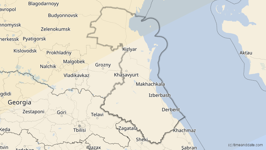 A map of Dagestan, Russland, showing the path of the 20. Mär 2015 Totale Sonnenfinsternis