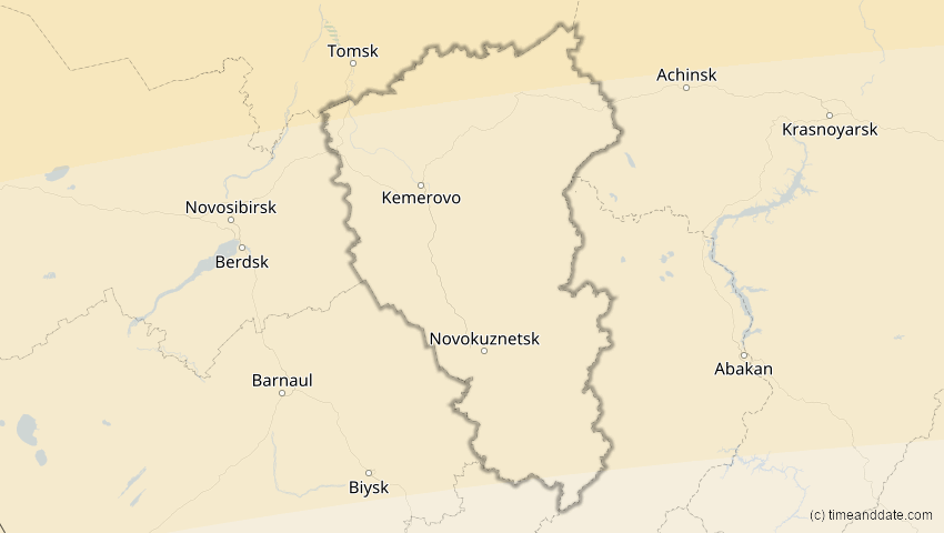 A map of Kemerowo, Russland, showing the path of the 20. Mär 2015 Totale Sonnenfinsternis