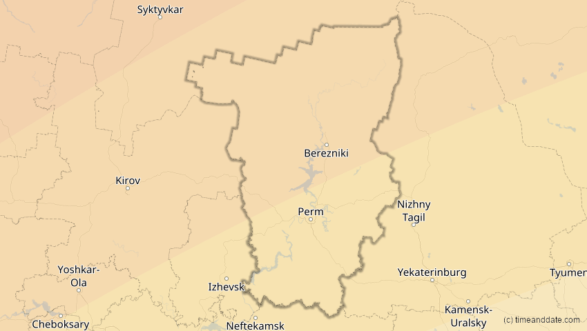 A map of Perm, Russland, showing the path of the 20. Mär 2015 Totale Sonnenfinsternis