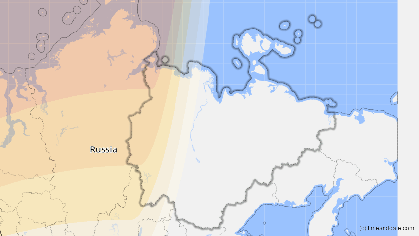 A map of Sacha (Jakutien), Russland, showing the path of the 20. Mär 2015 Totale Sonnenfinsternis