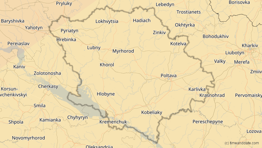 A map of Poltawa, Ukraine, showing the path of the 20. Mär 2015 Totale Sonnenfinsternis