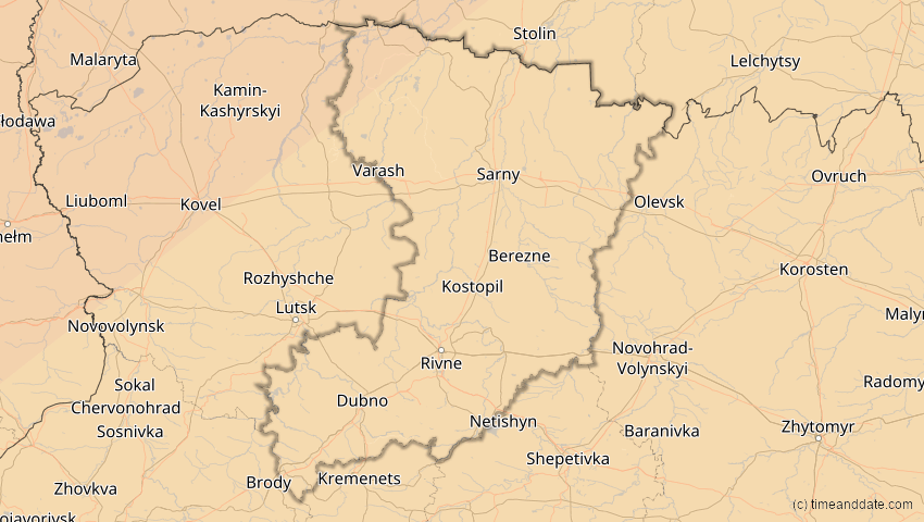 A map of Riwne, Ukraine, showing the path of the 20. Mär 2015 Totale Sonnenfinsternis