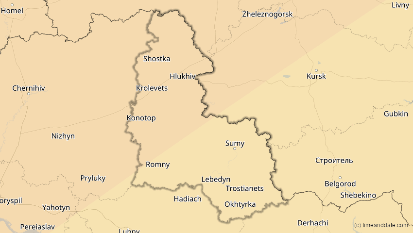A map of Sumy, Ukraine, showing the path of the 20. Mär 2015 Totale Sonnenfinsternis