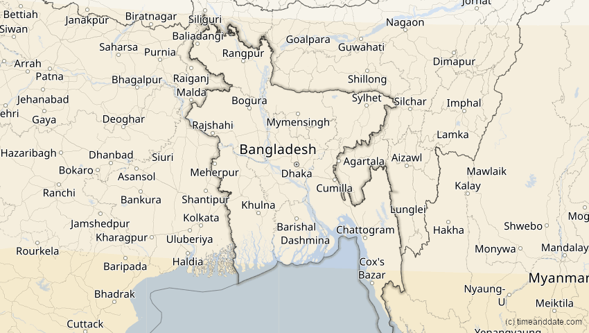 A map of Bangladesch, showing the path of the 9. Mär 2016 Totale Sonnenfinsternis