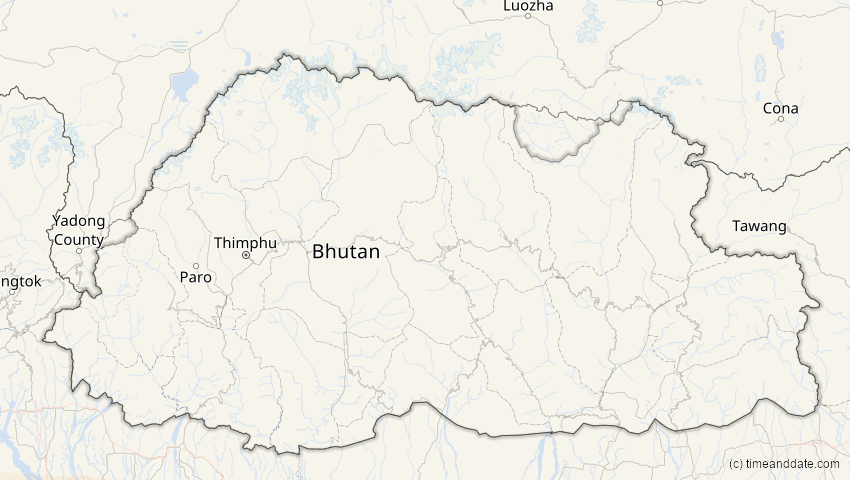 A map of Bhutan, showing the path of the 9. Mär 2016 Totale Sonnenfinsternis