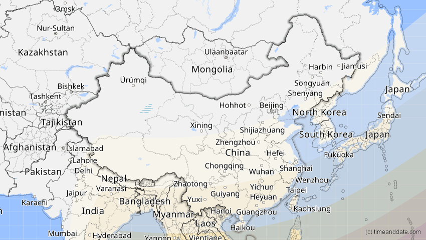 A map of China, showing the path of the 9. Mär 2016 Totale Sonnenfinsternis