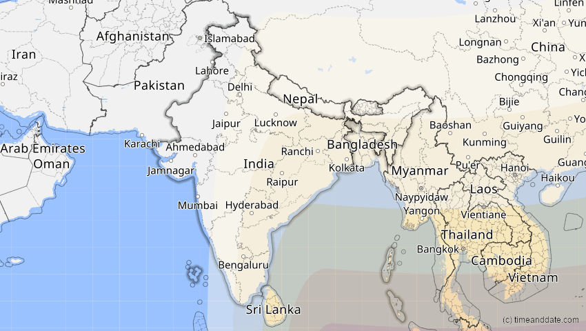 A map of Indien, showing the path of the 9. Mär 2016 Totale Sonnenfinsternis