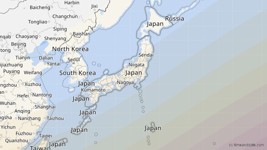 A map of Japan, showing the path of the 9. Mär 2016 Totale Sonnenfinsternis