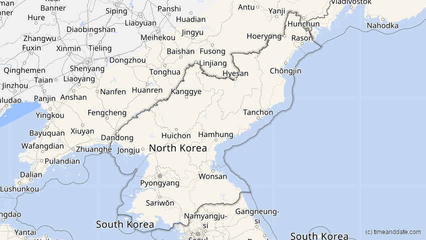 A map of Nordkorea, showing the path of the 9. Mär 2016 Totale Sonnenfinsternis