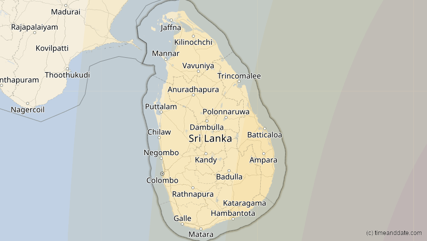 A map of Sri Lanka, showing the path of the 9. Mär 2016 Totale Sonnenfinsternis
