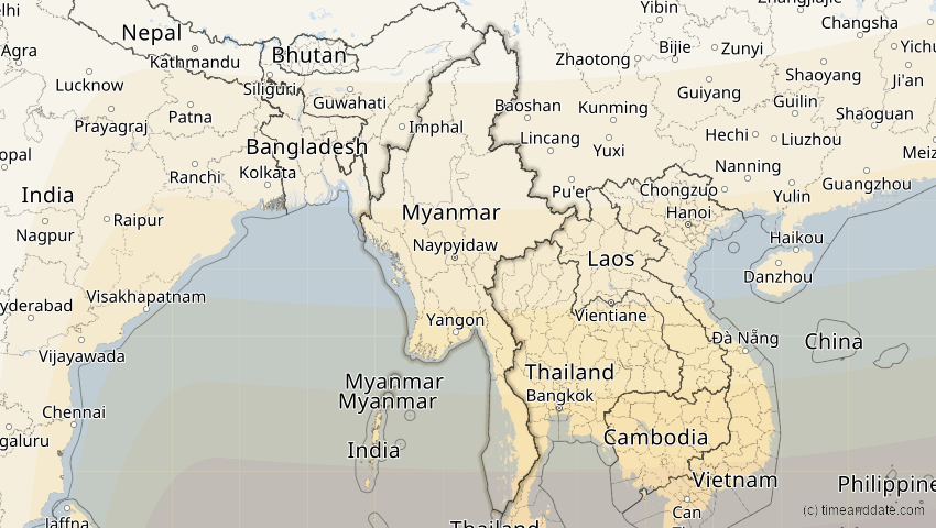 A map of Myanmar, showing the path of the 9. Mär 2016 Totale Sonnenfinsternis