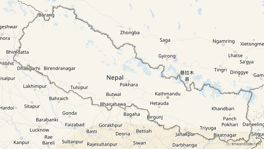 A map of Nepal, showing the path of the 9. Mär 2016 Totale Sonnenfinsternis