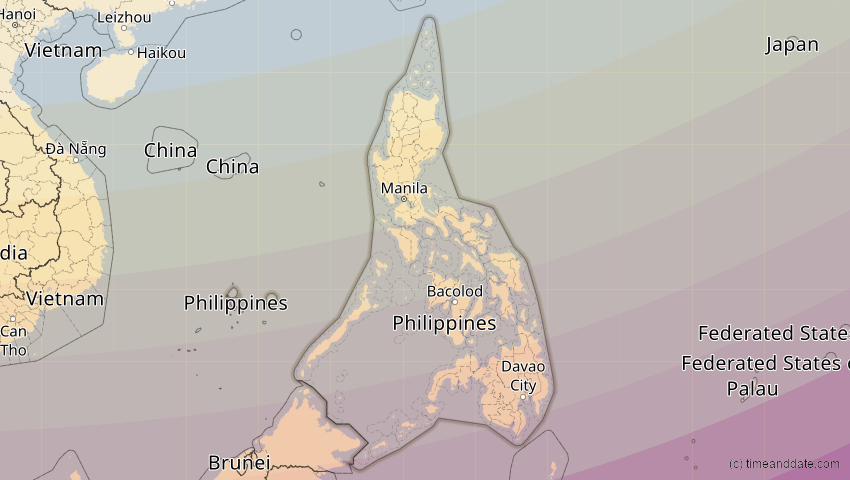 A map of Philippinen, showing the path of the 9. Mär 2016 Totale Sonnenfinsternis