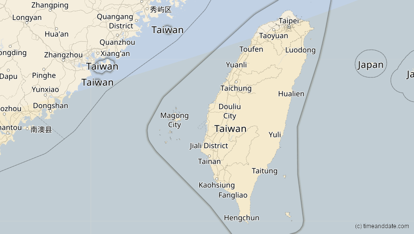 A map of Taiwan, showing the path of the 9. Mär 2016 Totale Sonnenfinsternis