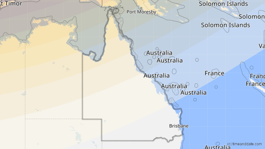 A map of Queensland, Australien, showing the path of the 9. Mär 2016 Totale Sonnenfinsternis