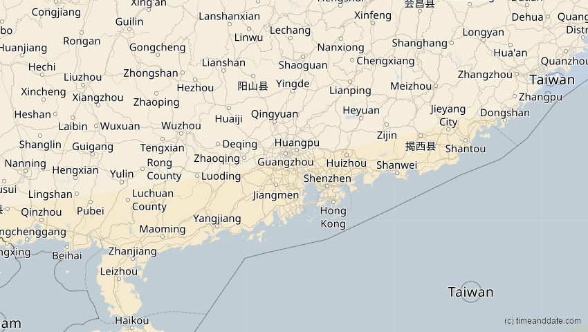 A map of Guangdong, China, showing the path of the 9. Mär 2016 Totale Sonnenfinsternis
