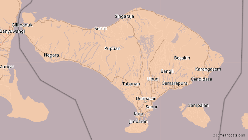 A map of Bali, Indonesien, showing the path of the 9. Mär 2016 Totale Sonnenfinsternis