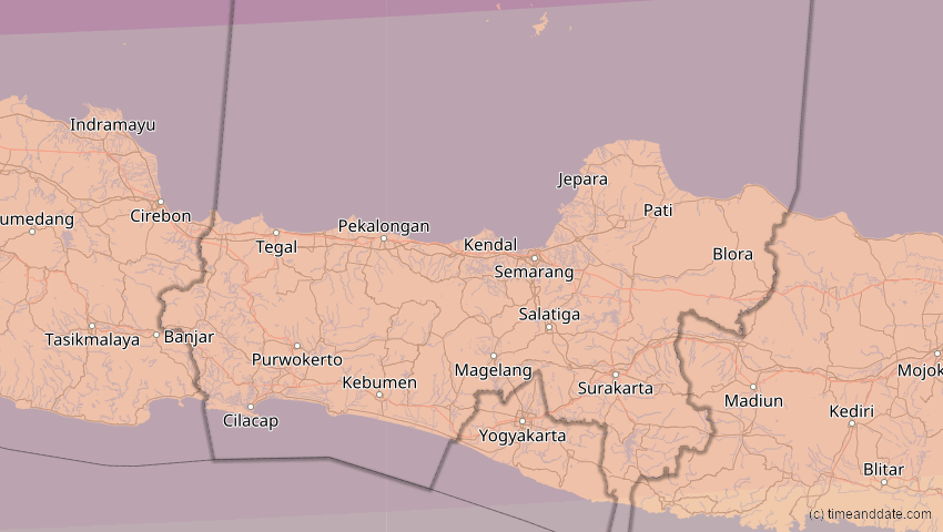 A map of Jawa Tengah, Indonesien, showing the path of the 9. Mär 2016 Totale Sonnenfinsternis