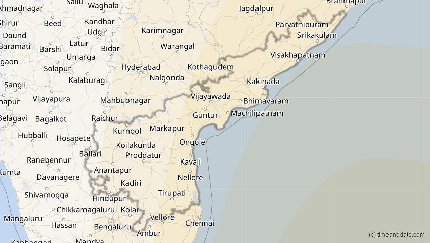 A map of Andhra Pradesh, Indien, showing the path of the 9. Mär 2016 Totale Sonnenfinsternis