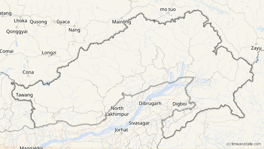 A map of Arunachal Pradesh, Indien, showing the path of the 9. Mär 2016 Totale Sonnenfinsternis