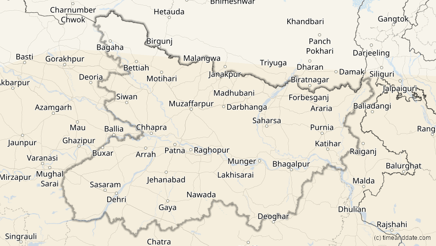 A map of Bihar, Indien, showing the path of the 9. Mär 2016 Totale Sonnenfinsternis