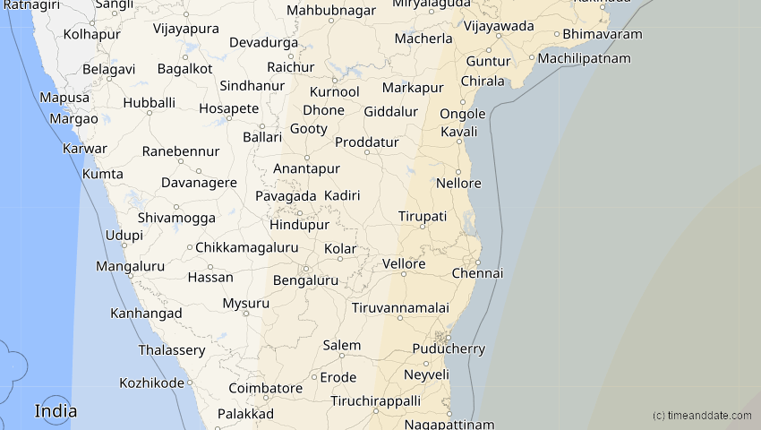 A map of Pondicherry, Indien, showing the path of the 9. Mär 2016 Totale Sonnenfinsternis