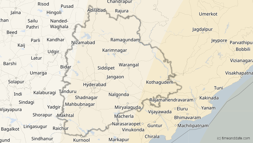A map of Telangana, Indien, showing the path of the 9. Mär 2016 Totale Sonnenfinsternis
