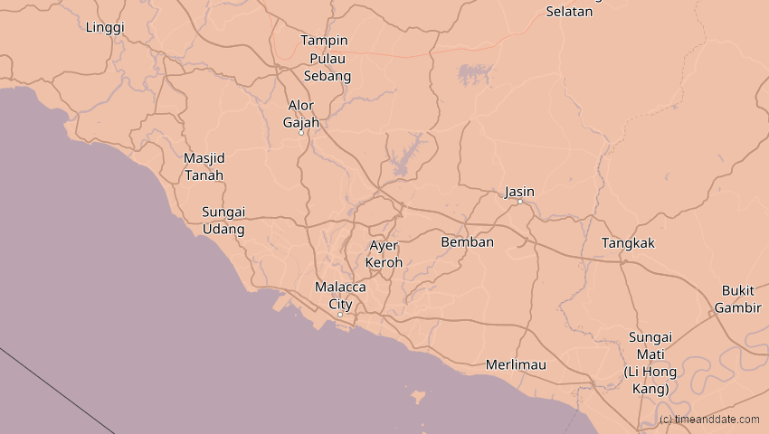 A map of Malakka, Malaysia, showing the path of the 9. Mär 2016 Totale Sonnenfinsternis