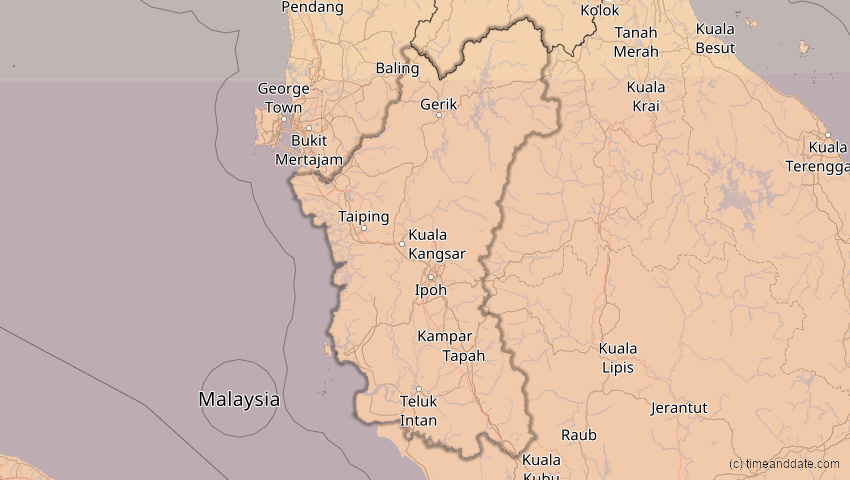 A map of Perak, Malaysia, showing the path of the 9. Mär 2016 Totale Sonnenfinsternis