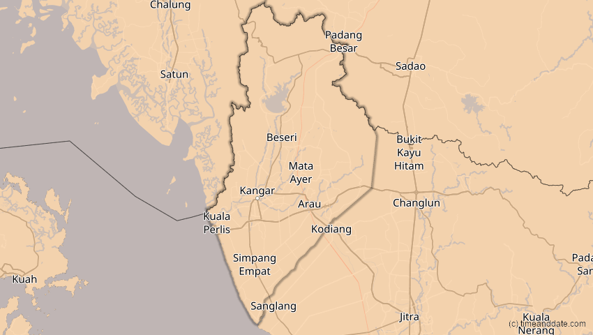 A map of Perlis, Malaysia, showing the path of the 9. Mär 2016 Totale Sonnenfinsternis